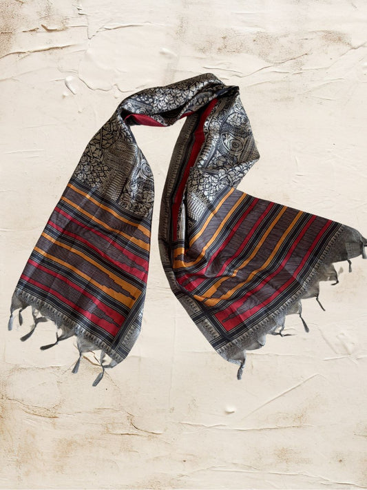 Black & Beige Ethnic Floral MotifPrinted Art Silk Stole/Scarf