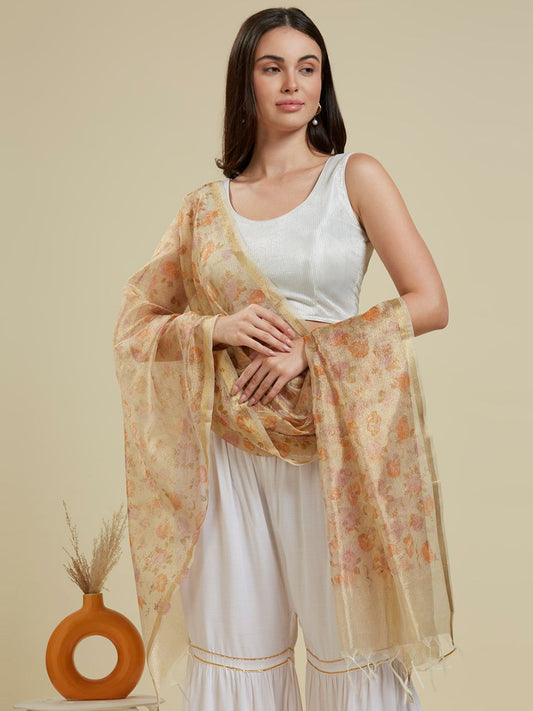 Gold Chanderi Blend Dupatta with Multicolour Floral Print