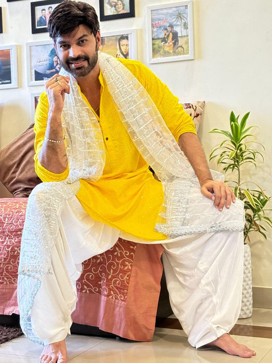 Men's Net Embroidered & Sequinned Silver Dupatta