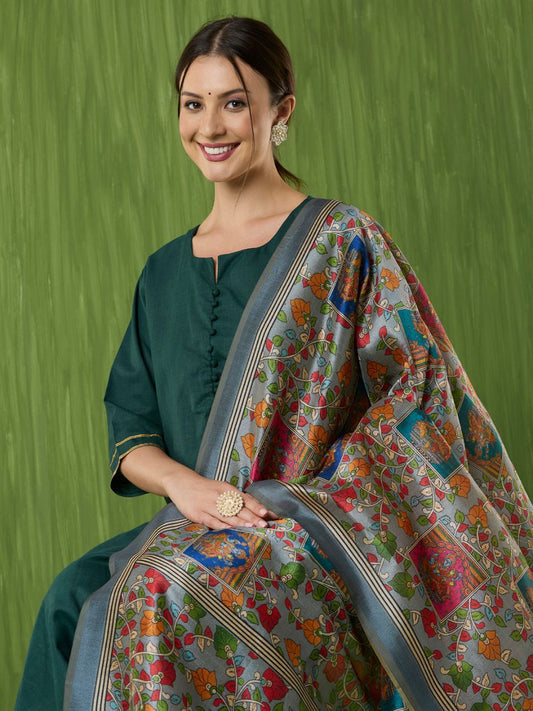 Ethnic Pichwai Printed Grey & Multi Assam Silk Dupatta