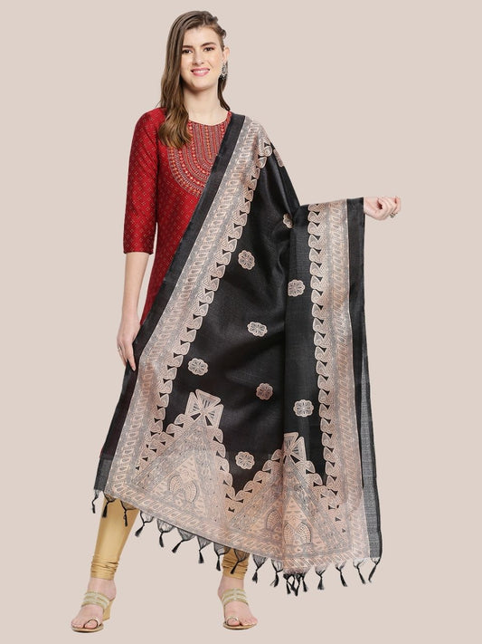 Black & Beige Printed Art Silk Dupatta