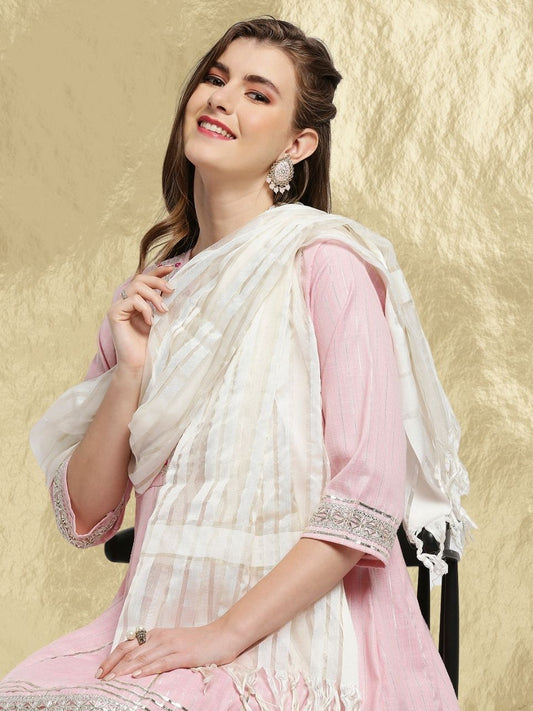 Striped Off White Cotton Silk