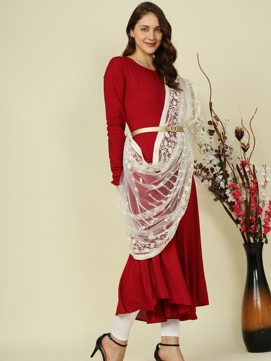 Embroidered Off White Net Dupatta