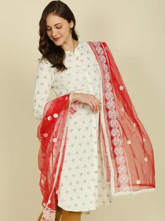 Floral Embroidered Red Net dupatta with Delicate Sequence