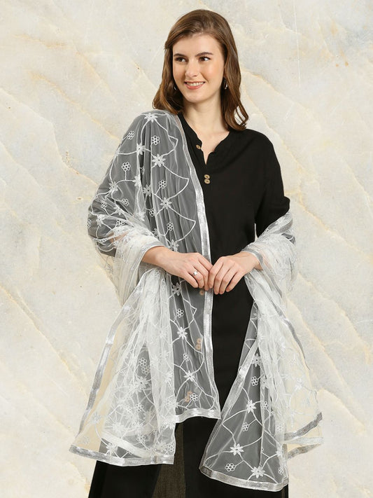 Floral Embroidered Silver Net Dupatta