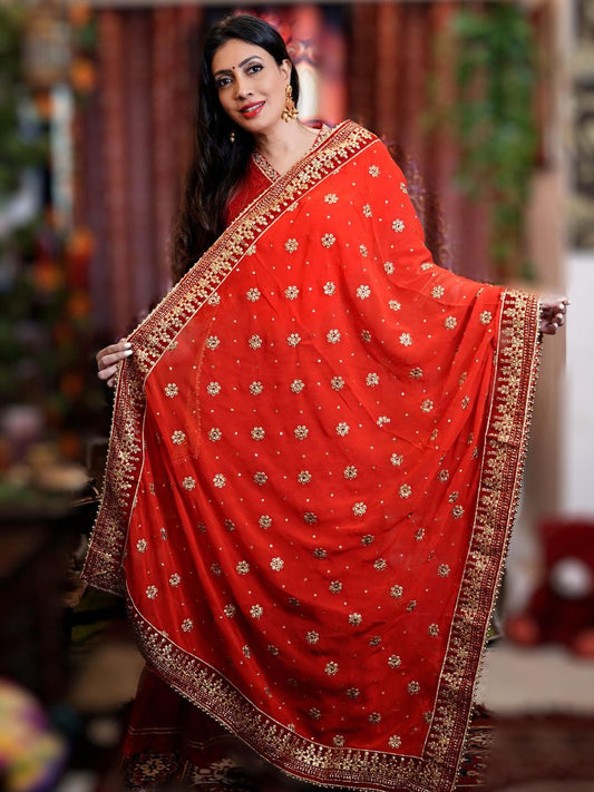 Embroidered Red Bridal & Wedding Wear Georgette Dupatta