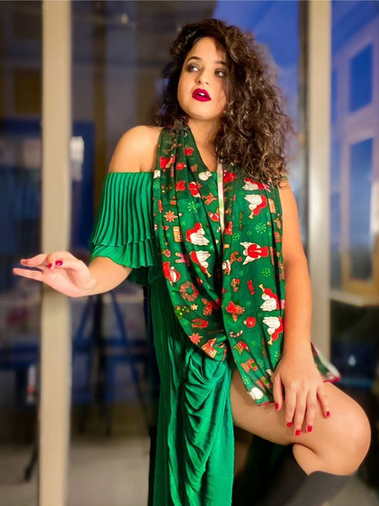 Santa Claus Printed Green Satin Christmas Holiday Scarf Stole
