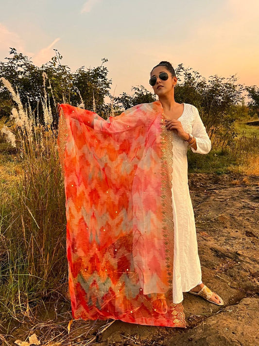 Red Multicolour Printed Organza Dupatta with Embellished Cutwork border