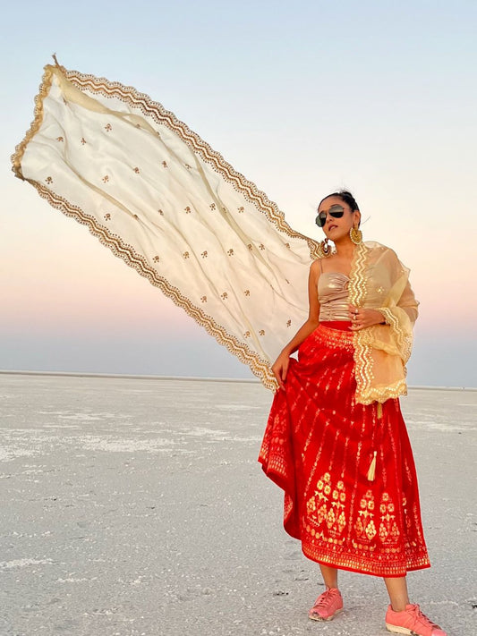 Embroidered Gold Glass Tissue Dupatta with Mirror Work