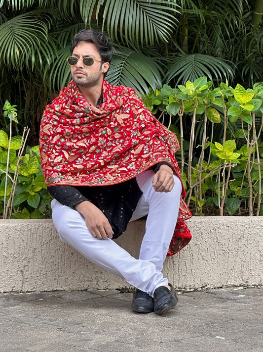 Men's Red Dupatta with Heavy Multicolour Embroidery for Kurta/Sherwani/Achkan
