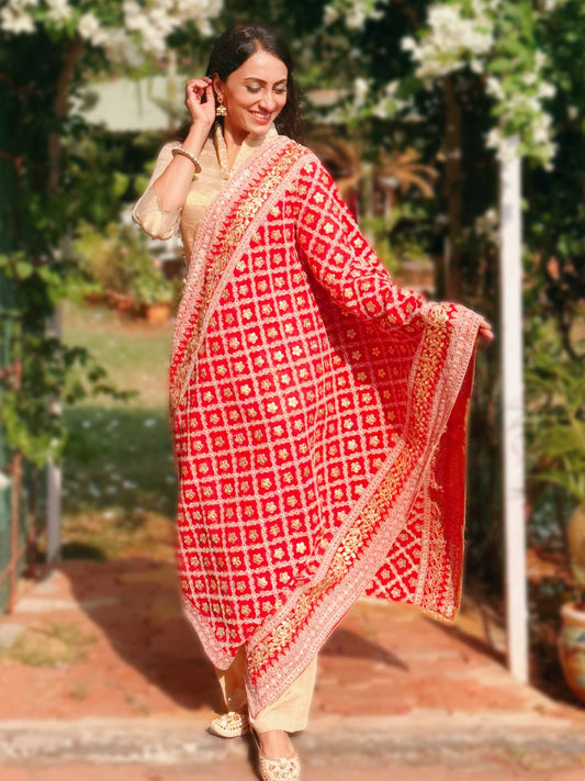 Red Georgette Lucknowi Work dupatta with Gotta Patti Work