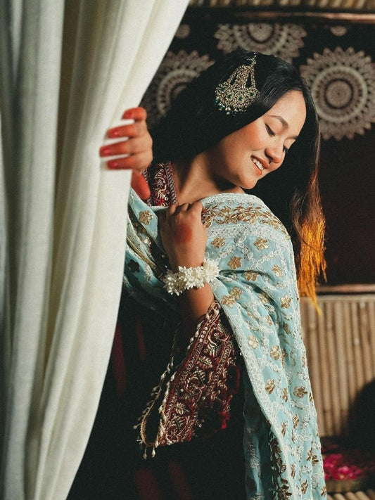 Sky Blue Georgette Lucknowi Work dupatta with Gotta Patti Work
