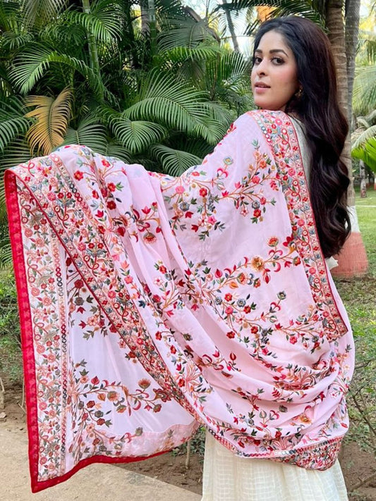 Peach Georgette Dupatta with Heavy Embroidery