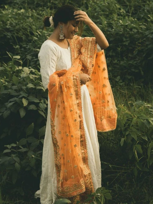 Peach Bridal Sada Saubhagyawati Bhav Net Dupatta with heavy Border