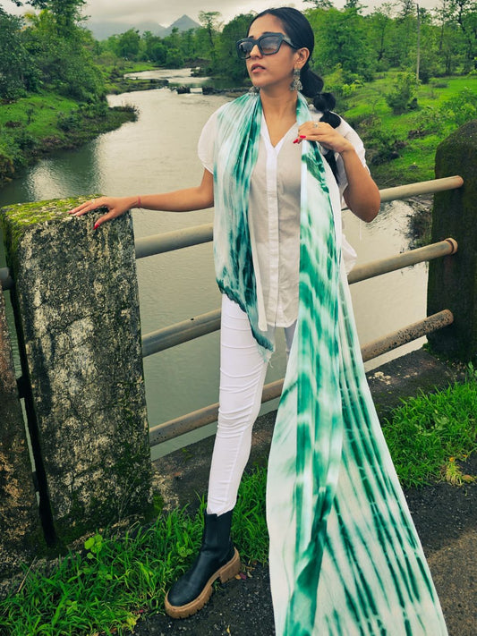 Green & White Shibori Chiffon Dupatta