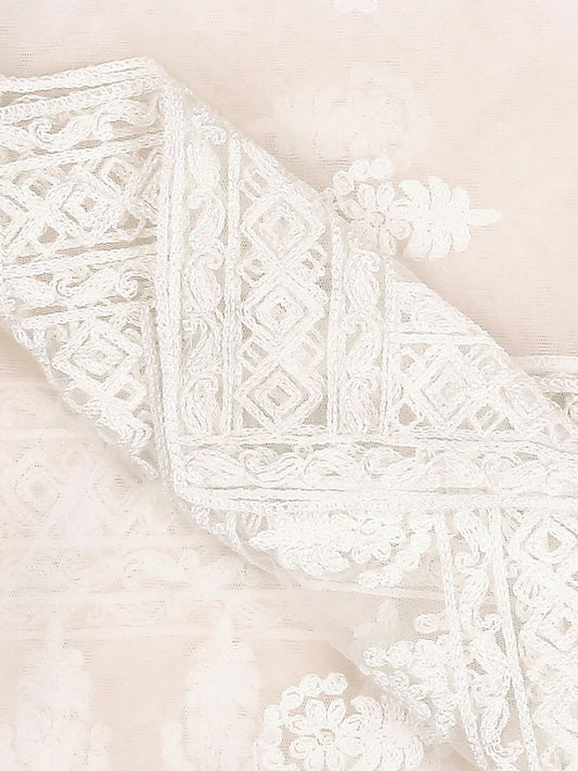 Floral Embroidered White Net Dupatta