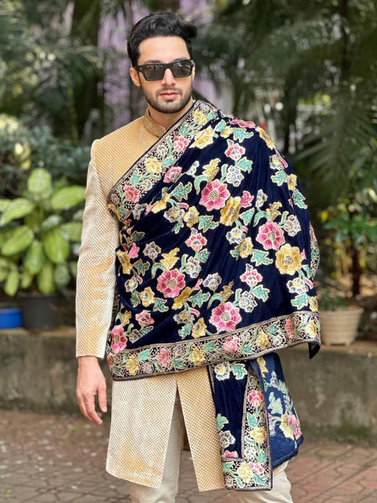 Men's Navy Blue Velvet Dupatta with Multicolour Embroidery & Sequins All Over