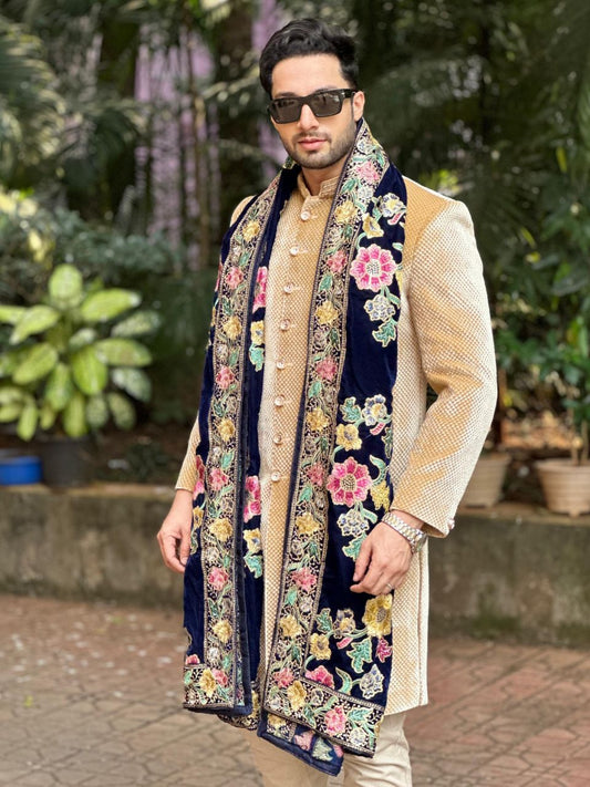 Men's Navy Blue Velvet Dupatta with Multicolour Embroidery & Sequins All Over