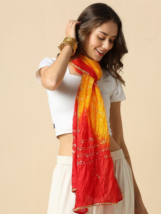 Red & Yellow Bandhini Blended Silk Stole with Gold Border