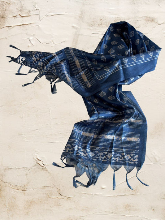 Indigo Ethnic Floral Motif Printed Art Silk Stole/Scarf