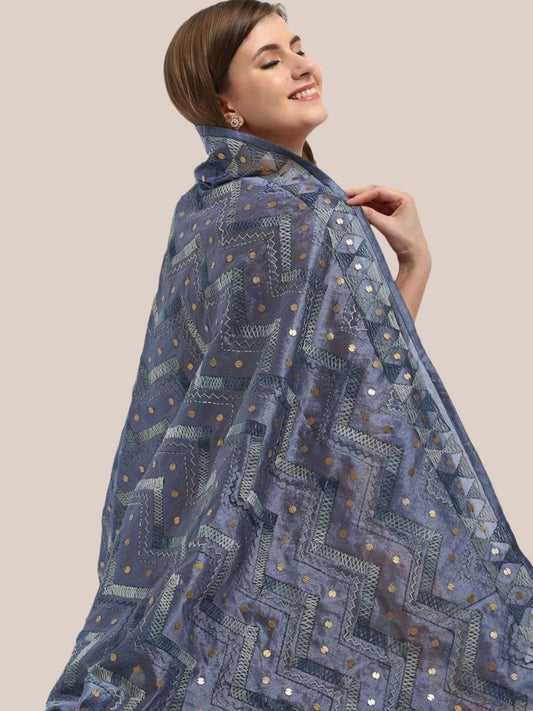 Embellished Grey Embroidered Chanderi Dupatta