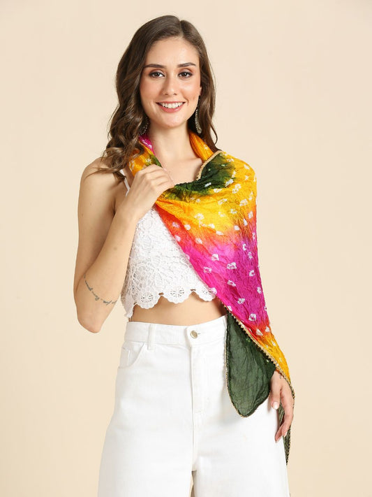 Pink, Green & Yellow Bandhini Blended Silk Stole with Gold Border