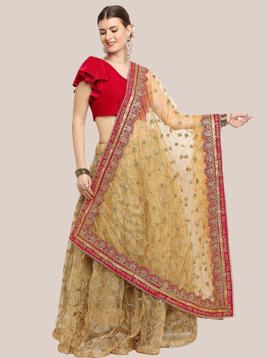 Gold Bridal Sada Saubhagyawati Bhav Net Dupatta with heavy Magenta Border