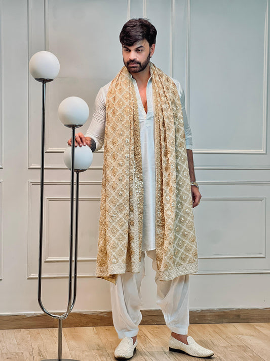 Beige Georgette Lucknowi Work dupatta with Gotta Patti Work Men's Dupatta for Kurta/Sherwani/Achkan