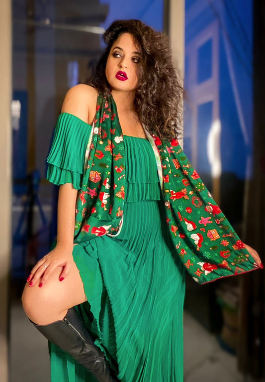 Printed Green Satin Christmas Holiday Scarf/ Stole