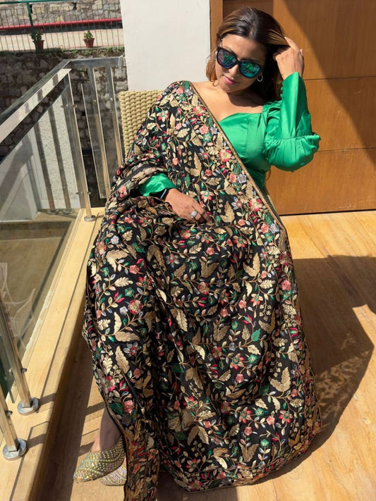 Black Dupatta with Heavy Multicolour Embroidery
