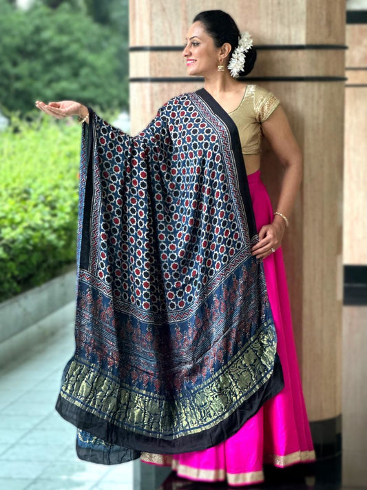 Modal Silk handblock Printed Navy Blue Ajrakh Dupatta with Floral Gold Border
