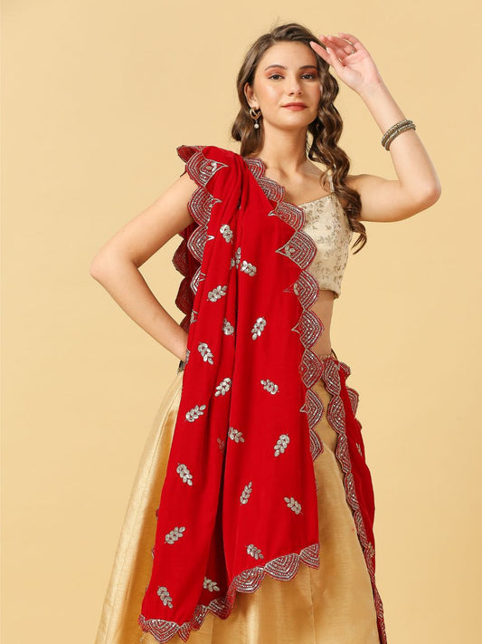 Embroidered Red Velvet Dupatta with Scalloped Borders
