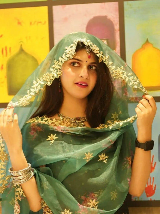 Digitally Printed & Embroidered Teal Organza Dupatta
