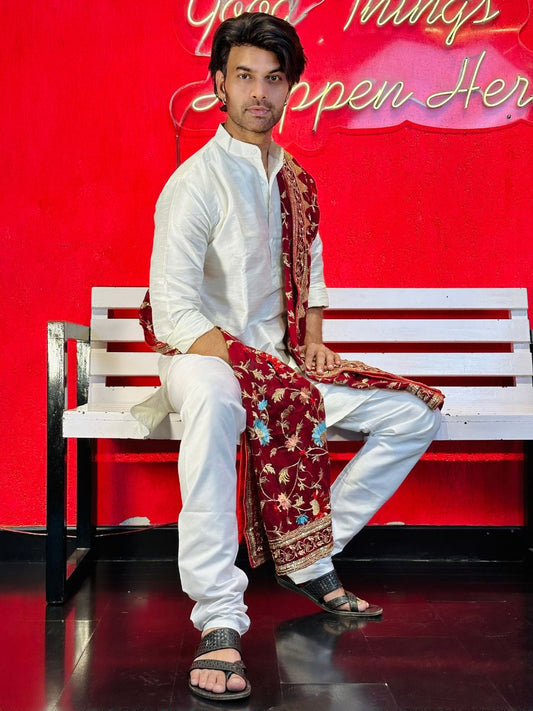 Men's Embroidered Maroon & Multi Dupatta for Kurta/Sherwani/Achkan