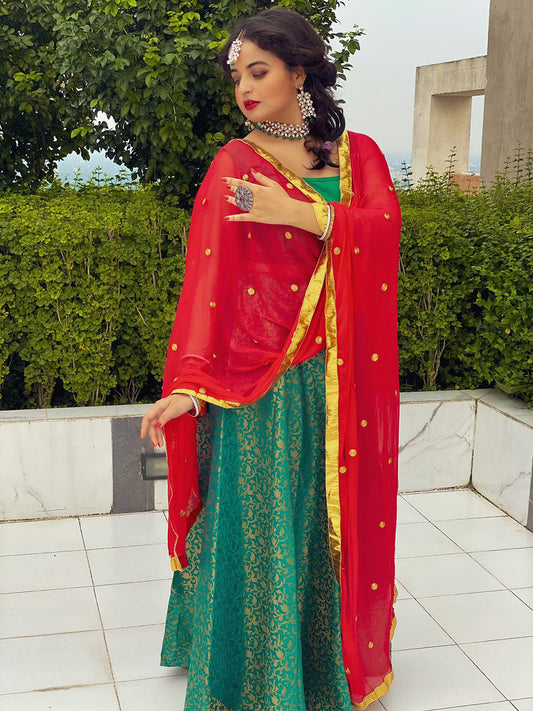 Red Embroidered Chiffon Dupatta freeshipping - Dupatta Bazaar