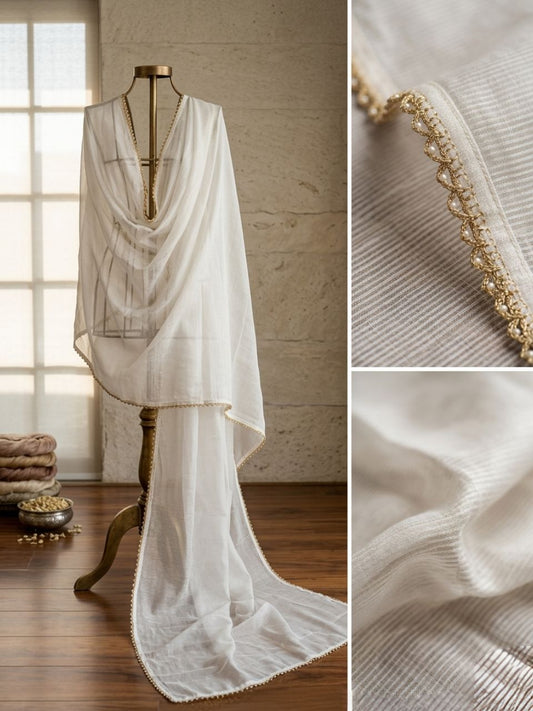 Off White Pure Cotton Dupatta with Gold border