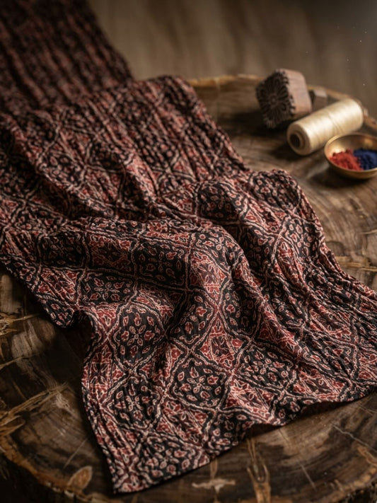 Black & Maroon Pure Cotton Dupatta in Artisanal Geometric Motif Print