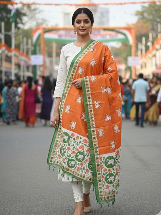 Tri Colour/Tiranga Pichwai Printed Silk Dupatta