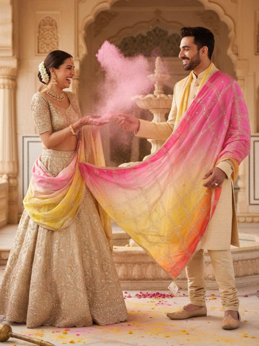 Shaded Chinnon Embroidered Dupatta with Checkered Embroidery