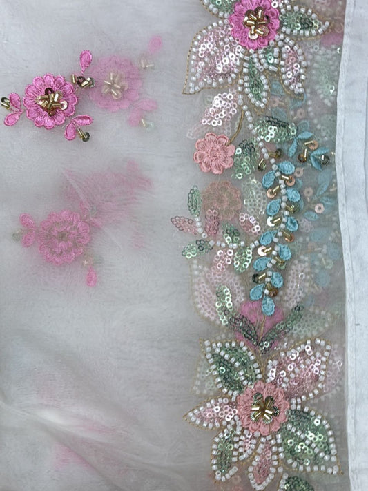 White & Multi Colour Embroidered Organza Dupatta