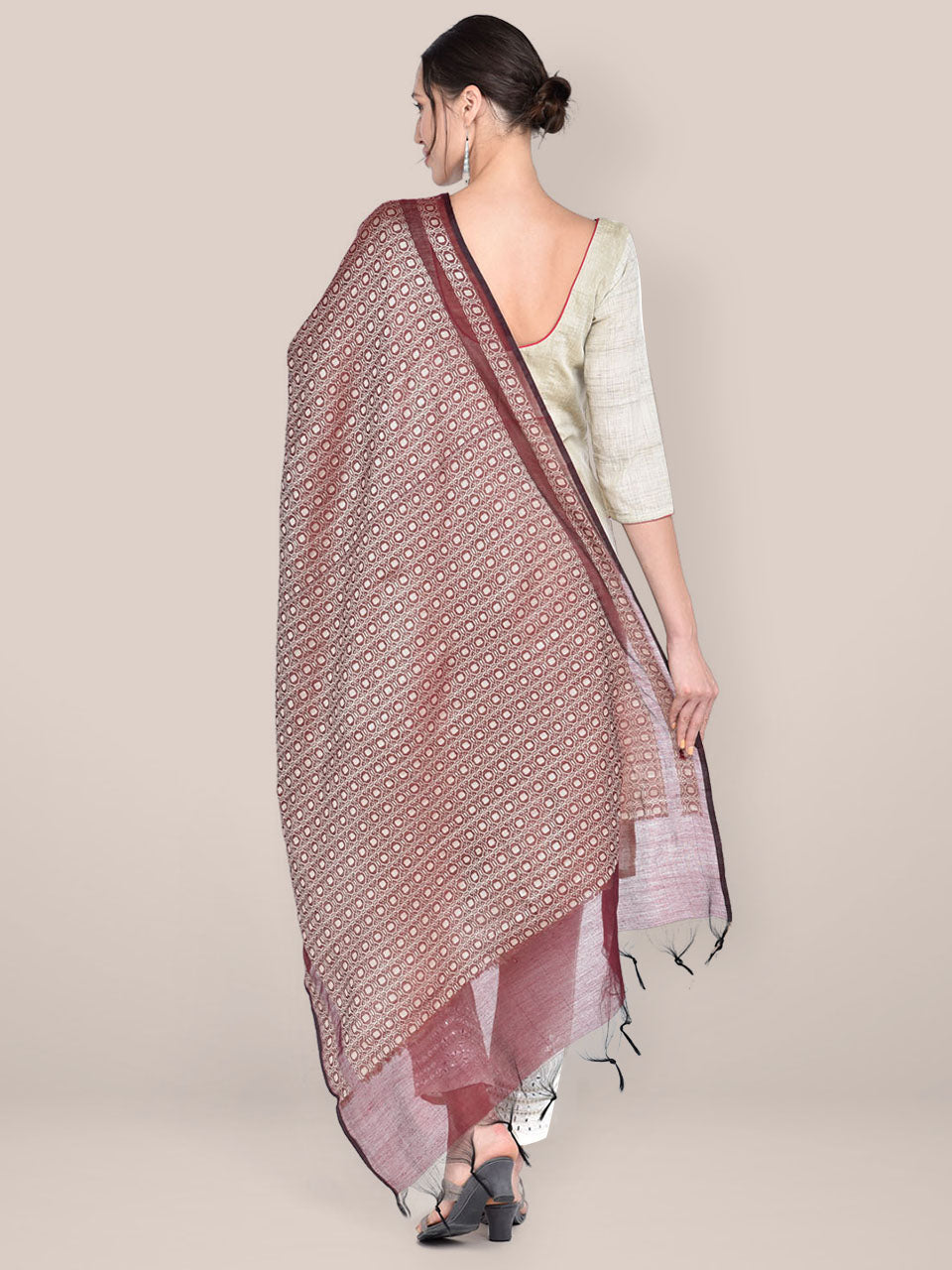 Woven Maroon & Beige Cotton Chanderi Dupatta freeshipping - Dupatta Bazaar