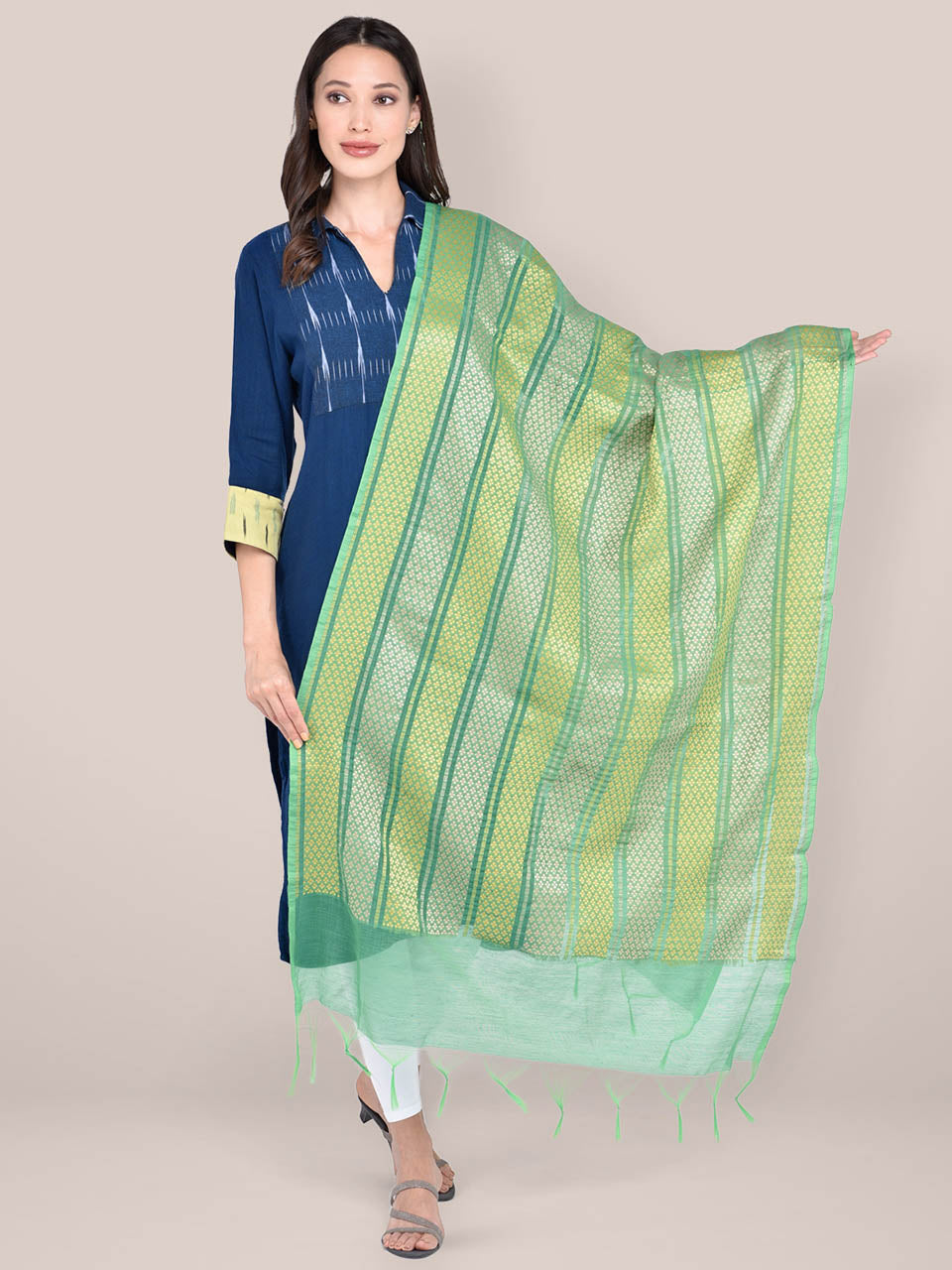 Woven Green & Yellow Striped Cotton Chanderi Dupatta. freeshipping - Dupatta Bazaar
