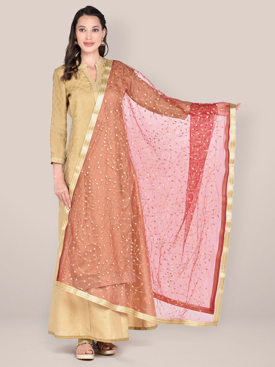 Maroon & Gold Embroidered Net Dupatta freeshipping - Dupatta Bazaar
