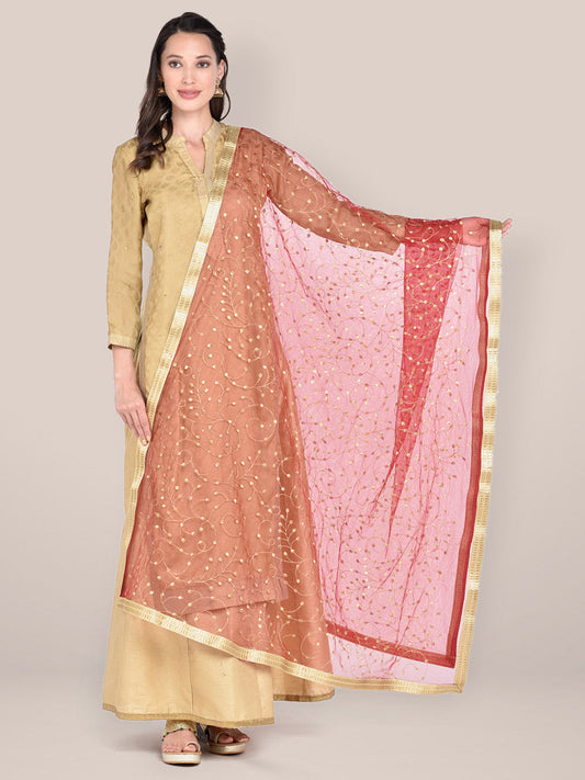 Maroon & Gold Embroidered Net Dupatta freeshipping - Dupatta Bazaar