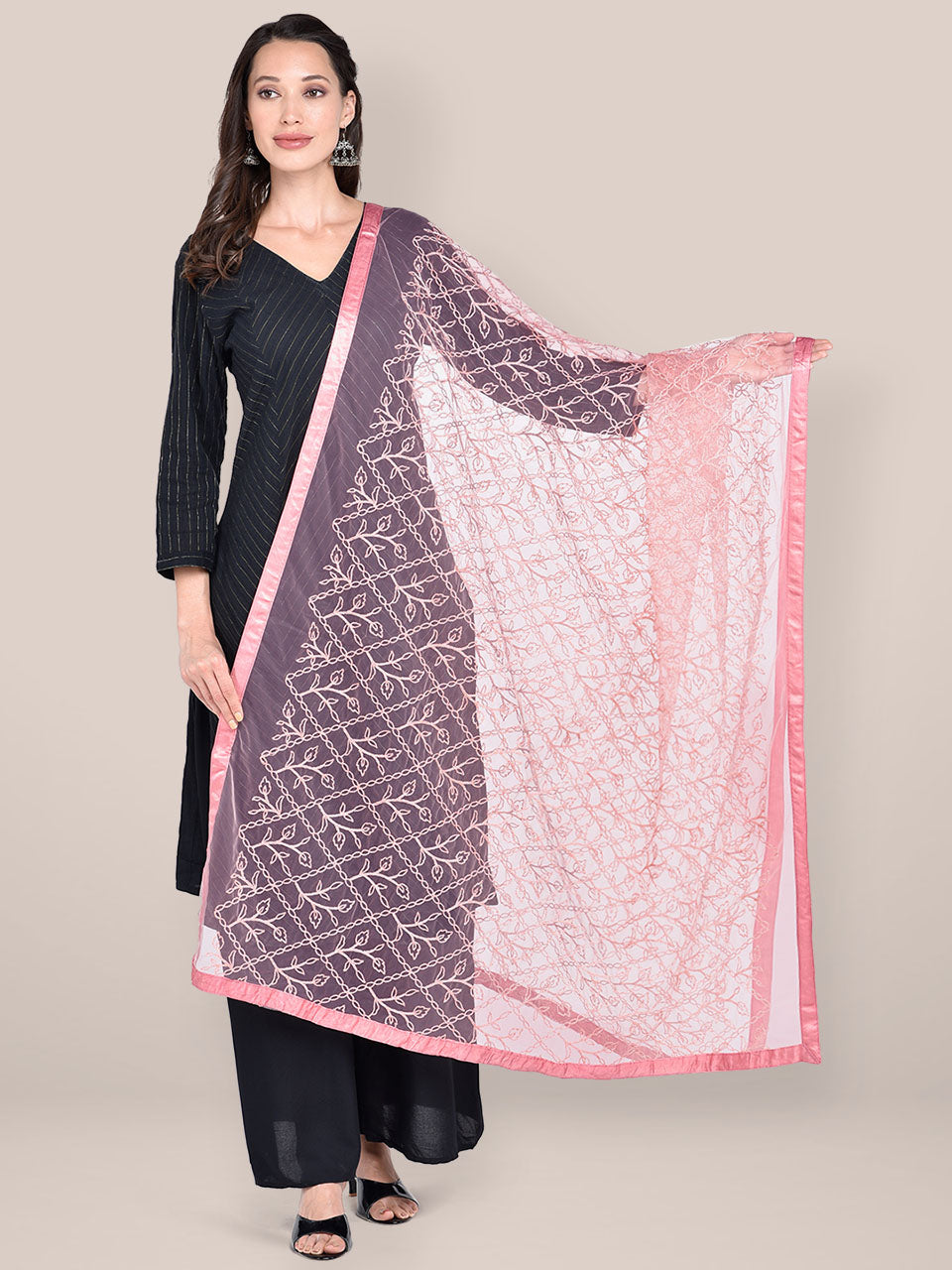 Women's Rose Pink Embellished Net Dupatta freeshipping - Dupatta Bazaar