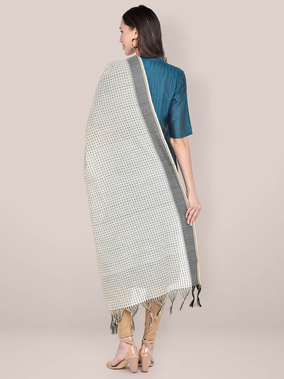 Woven Beige & Black Cotton Chanderi Dupatta freeshipping - Dupatta Bazaar