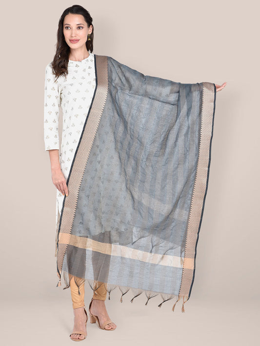 Woven Brown & Biege Striped Cotton Chanderi Dupatta freeshipping - Dupatta Bazaar