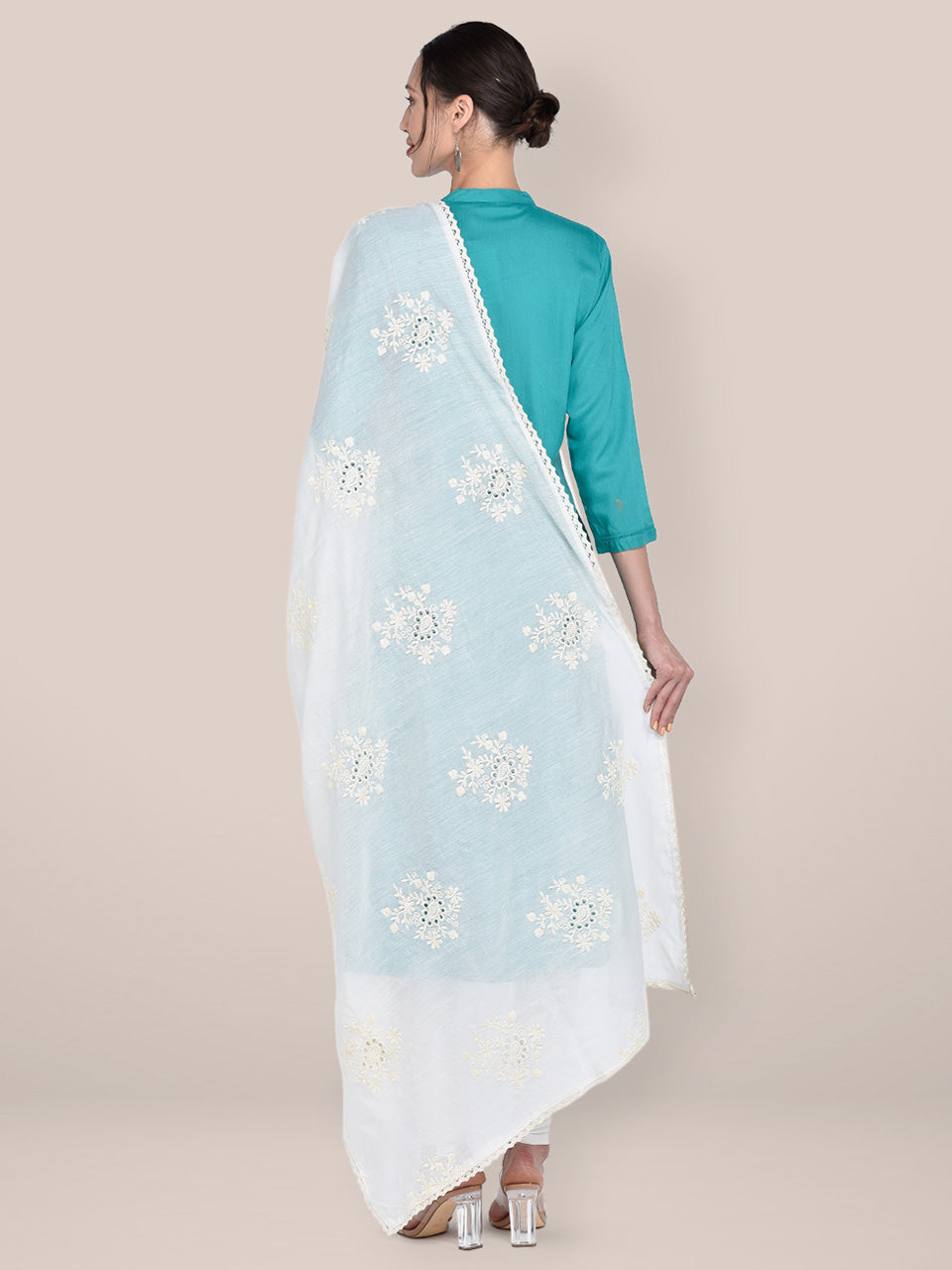 Off White Schiffili Embroidered Chanderi Silk Dupatta freeshipping - Dupatta Bazaar