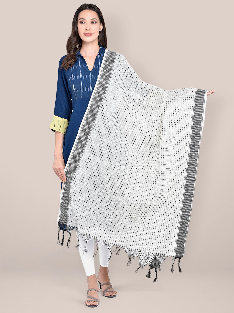 Woven White & Black Striped Cotton Chanderi Dupatta freeshipping - Dupatta Bazaar