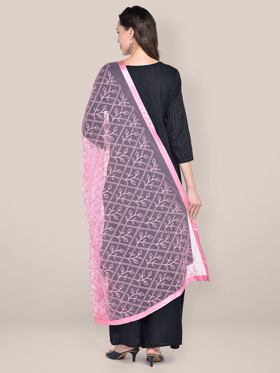 Light Pink Embellished Net Dupatta freeshipping - Dupatta Bazaar